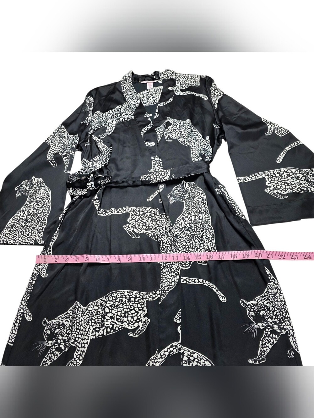 Victoria's Secret Satin Long Robe Black with Leopard Print XS - Picture 9 of 16